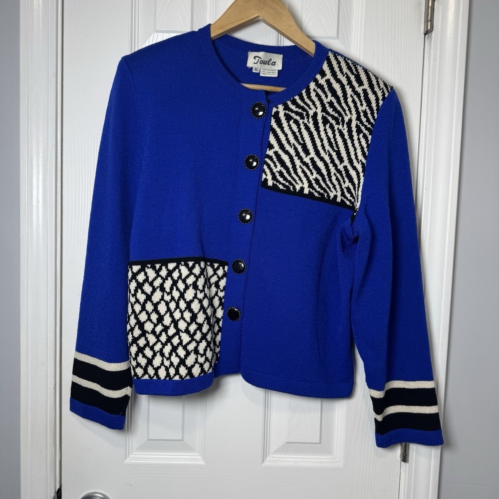 VTG‎ Toula Sweater Womens 16 Wool Blend Cardigan USA Career Classic Royal Blue